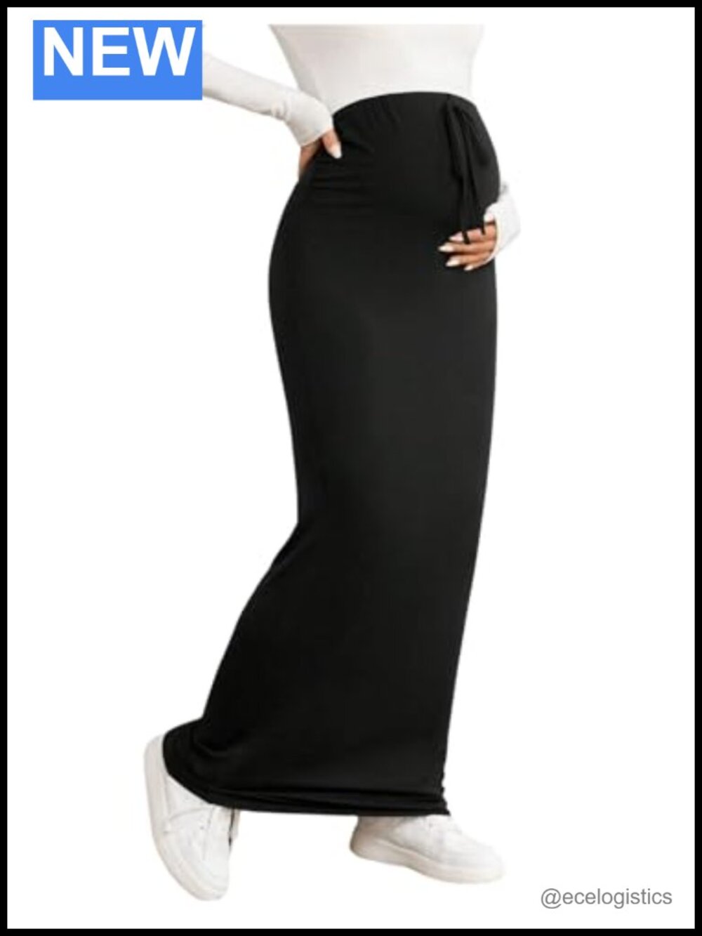 Maternity Maxi Skirt Knit Adjustable Waist Drawstring Pencil